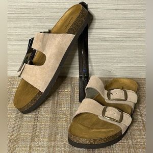 Deven two banded foot-bed sandals. Taupe